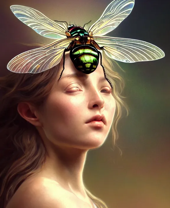 Image similar to intricate ornate opulent transparent clear see - through portrait of a terrifying beautiful alien housefly, mottled coloring, adorable, childlike, pastoral environment, ultra realistic, concept art, art nouveau, photorealistic, octane render, 8 k, unreal engine. art by christopher marley and artgerm and greg rutkowski and alphonse mucha