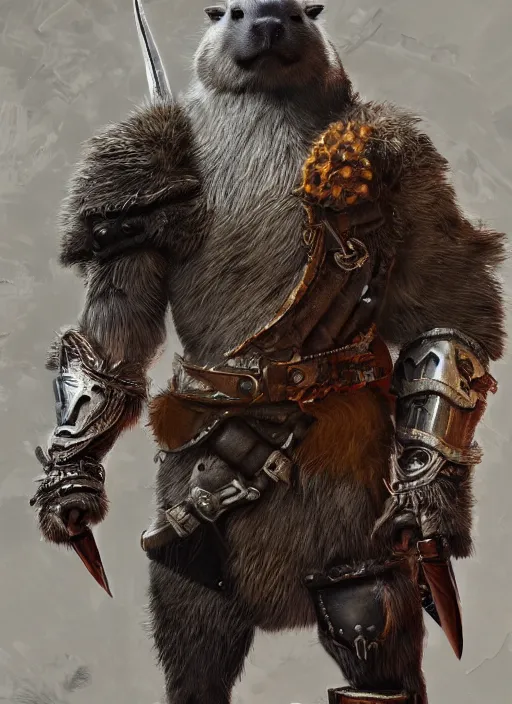 Image similar to detailed full body concept art illustration, oil painting on canvas of an anthropomorphic capybara barbarian in full intricate clothing, biomutant, dystopian, micro detail, octane render, 4K