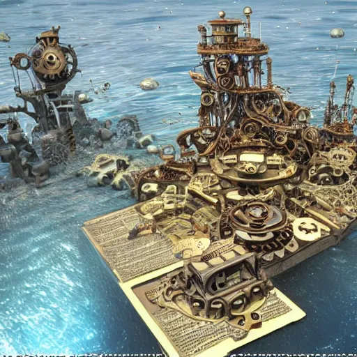 Image similar to a steampunk city on mechanical legs in the ocean