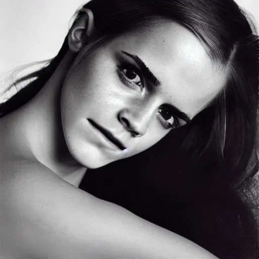 Image similar to Emma Watson closeup face shoulders very long hair Vogue fashion shoot by Peter Lindbergh fashion poses detailed professional studio lighting dramatic shadows professional photograph by Cecil Beaton, Lee Miller, Irving Penn, David Bailey, Corinne Day, Patrick Demarchelier, Nick Knight, Herb Ritts, Mario Testino, Tim Walker, Bruce Weber, Edward Steichen, Albert Watson