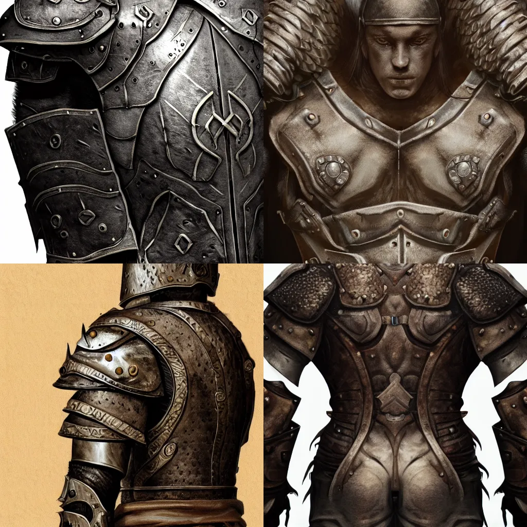 Prompt: the torso of a man in leather armor, fur shoulder pads, stone runes on the front, trending on artstation, ultra high detail, fantasy art