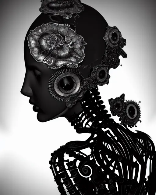 Image similar to black and white dreamy foggy smoky profile face portrait, one silver steampunk realistic eye biomechanical beautiful young female cyclope - cyborg - robot bust, body ribs meshes,, volumetric light, hibiscus flowers, by hg giger, rim light, by dora maar and cecile beaton, big gothic fashion pearl embroidered collar, 8 k