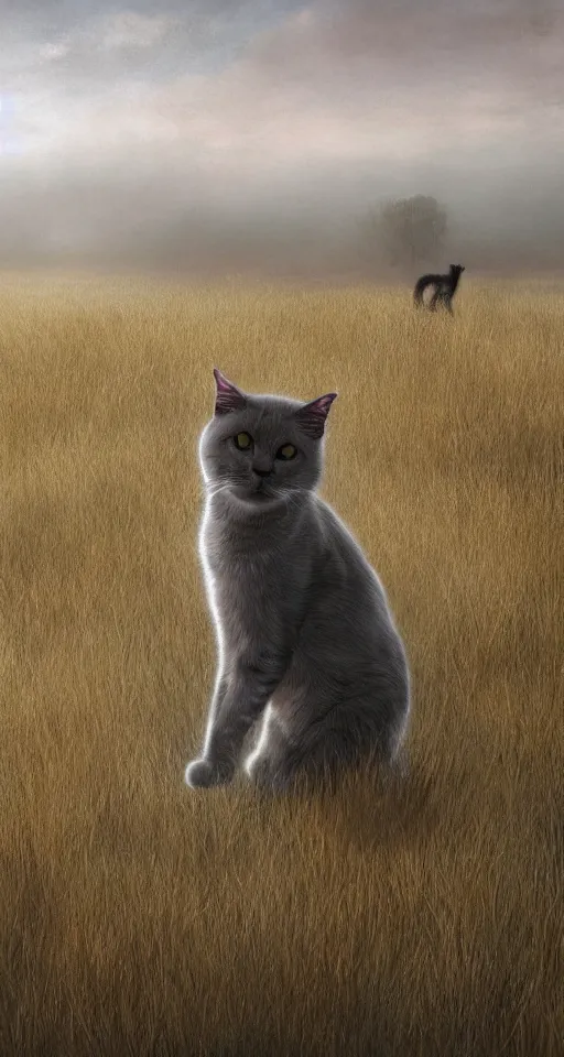 Image similar to a realistic transparent!!! ghostly cat in the steppe, summer field, misty background, from the game pathologic 2, highly detailed, sharp focus, matte painting, by franz snyders, by frans snijders, isaac levitan and asher brown durand,