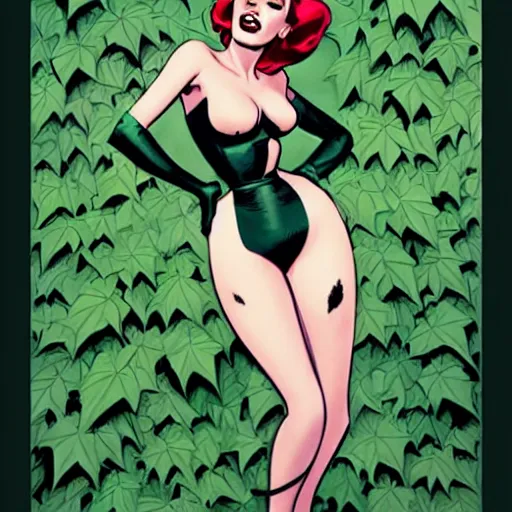 Image similar to phil noto, artgerm, 1 9 5 0 s rockabilly emma stone poison ivy dc comics, pompadour, long hair, vines, symmetrical eyes, city rooftop