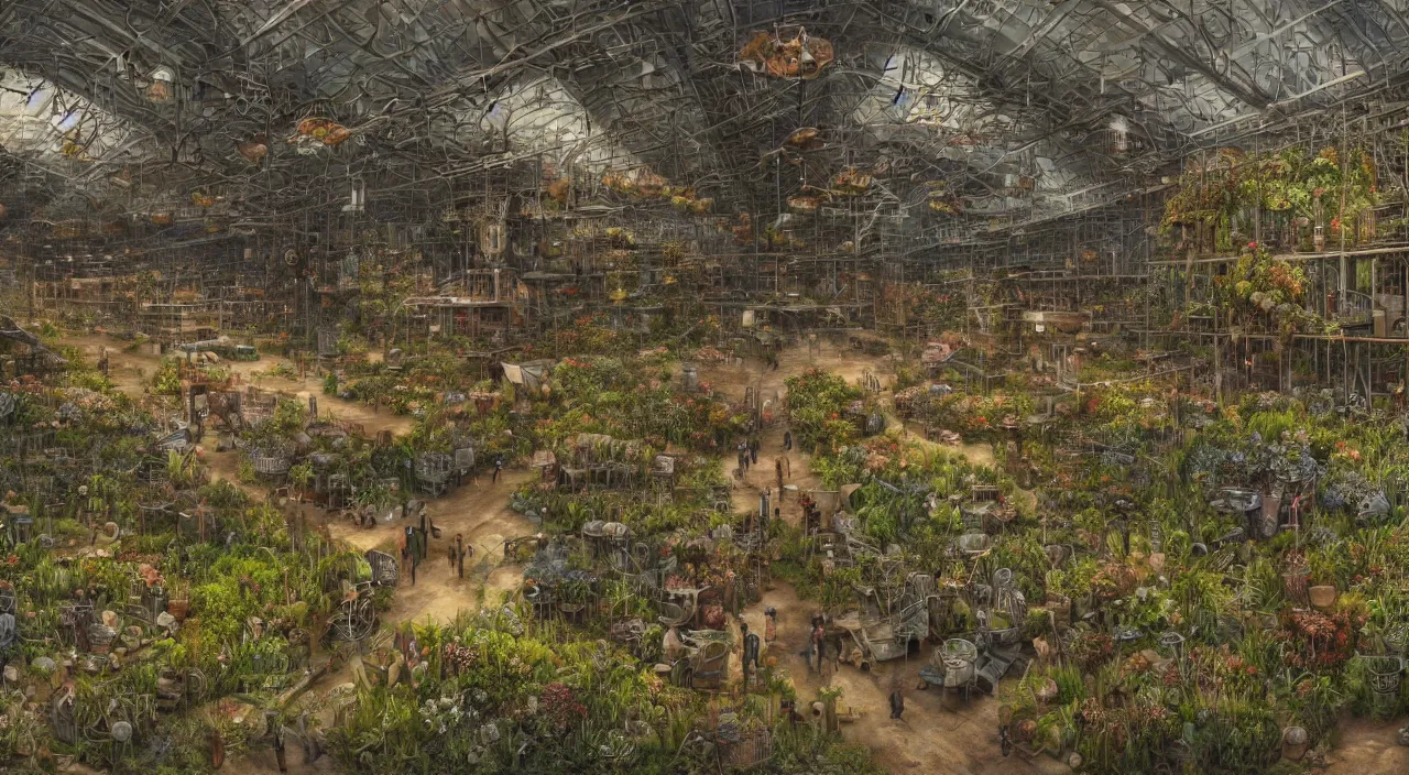 Prompt: A Warehouse of Alien Botany In The Style Of Andrea Kowch, Fantastic Surrealism Realism Symbolic Digital Art Fantastic Realism 8k Resolution, 64 Megapixels, Coherent, Behance HD, Hyper Detailed Digital Image