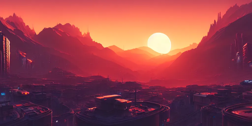 Image similar to beautiful sunset over detailed cyberpunk suburb in a valley surrounded by epic mountains with snowtops, sharp, highly detailed, hyperrealistic, kacper niepokolczycki, syd mead, 4 k, perfect geometry