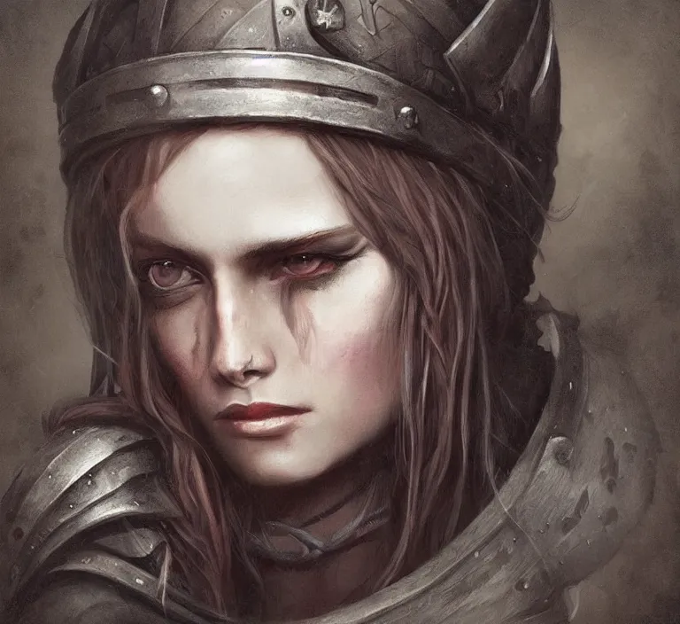 Image similar to a rugged female viking in the style of tom bagshaw