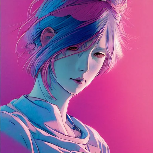 Image similar to prompt : pink and blue portrait soft light painted by james jean and katsuhiro otomo and erik jones, inspired by evangeleon anime, smooth face feature, intricate oil painting, high detail illustration, sharp high detail, manga and anime 1 9 9 0