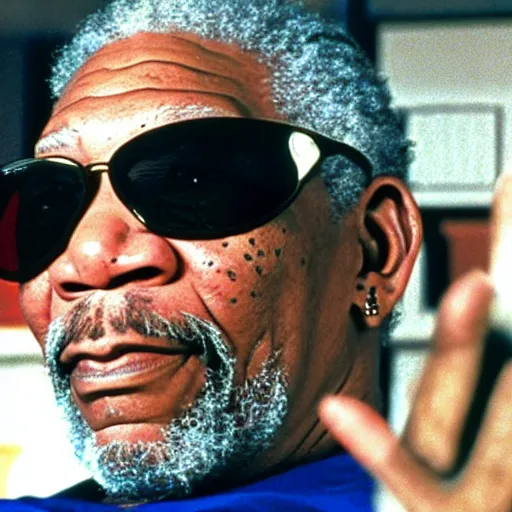 Prompt: a still of Morgan Freeman as the Dude in the bowling alley in The Big Lebowski (1998)