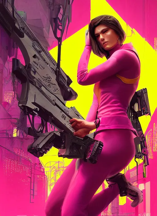 Image similar to beautiful cyberpunk female athlete wearing pink jumpsuit and yellow jacket. firing a futuristic red belt fed automatic pistol. ad poster for pistol. cyberpunk poster by james gurney, azamat khairov, and alphonso mucha. artstationhq. gorgeous face. painting with vivid color, cell shading. ( rb 6 s, cyberpunk 2 0 7 7 )