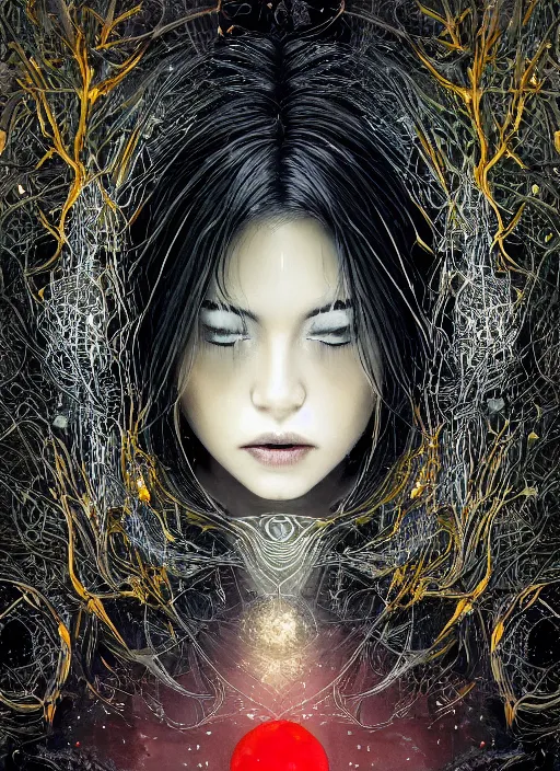 Image similar to glowing silver and golden elements, full close-up portrait, A beautiful dark witch in front of the full big moon, book cover, green forest, red white black colors, establishing shot, extremly high detail, foto realistic, cinematic lighting, pen and ink, intricate line drawings, by Yoshitaka Amano, Ruan Jia, Kentaro Miura, Artgerm, post processed, concept art, artstation, matte painting, style by eddie, raphael lacoste, alex ross