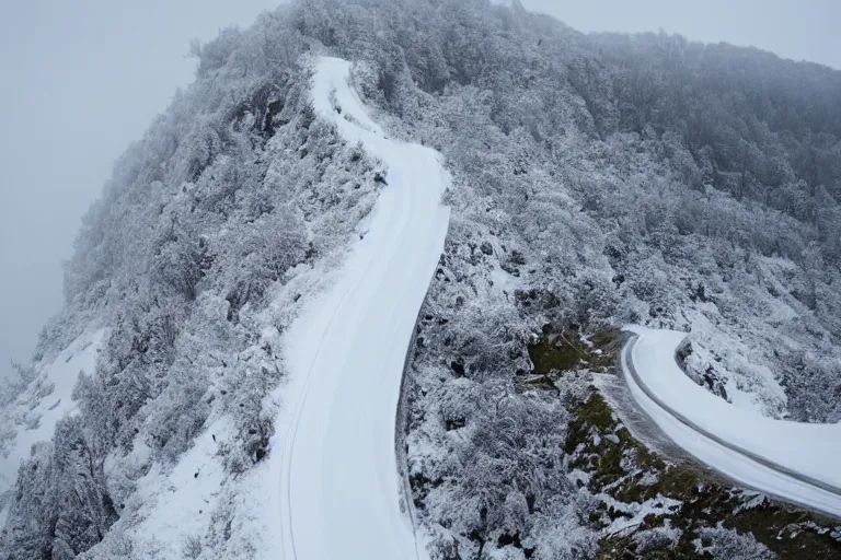 Image similar to a dangerous winding road route on an icy snowy cliff edge, blizzard, photo