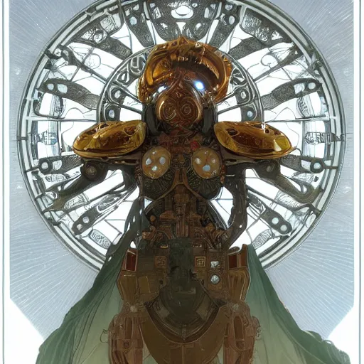 Image similar to a stunning dynamic pose full body of a celestial robot, intricate, 8k highly professionally detailed, hdr, CGSociety, dark fantasy, dynamic lighting, cinematic, pristine, smooth, cosplay, elegant, sharp focus, art by alphonse mucha and greg rutkowski,