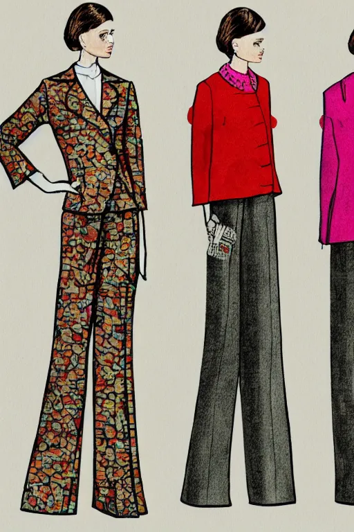 Image similar to a detailed fashion illustration of a midcentury hostess outfit with pants