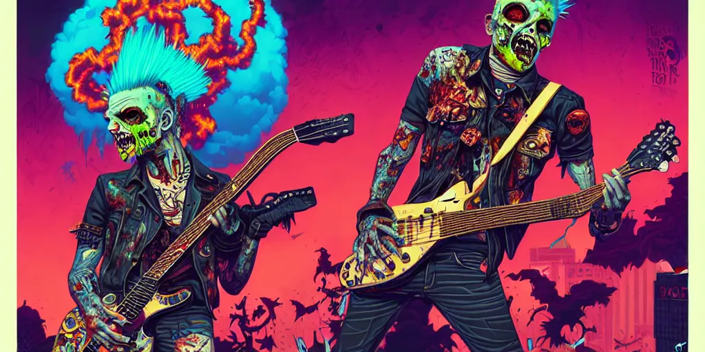 Image similar to a zombie punk rocker with a mohawk playing electric guitar, tristan eaton, victo ngai, artgerm, rhads, ross draws, cinematic by francis tneh