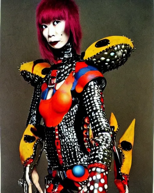 Image similar to portrait of a skinny punk goth yayoi kusama wearing armor by simon bisley, john blance, frank frazetta, fantasy, thief warrior, colourful fur!!