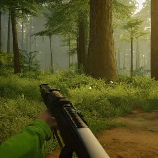 Prompt: in a background green forest, in foreground boy with shotgun, 8 k, ultra detailed, ultra realistic, unreal engine 5