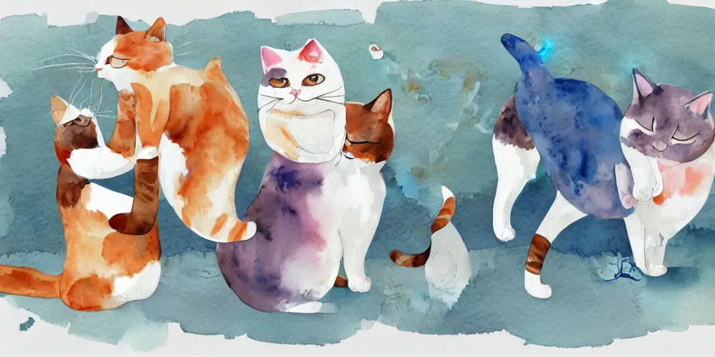 Image similar to watercolor illustration style, cute! cats! training in the fitness studio