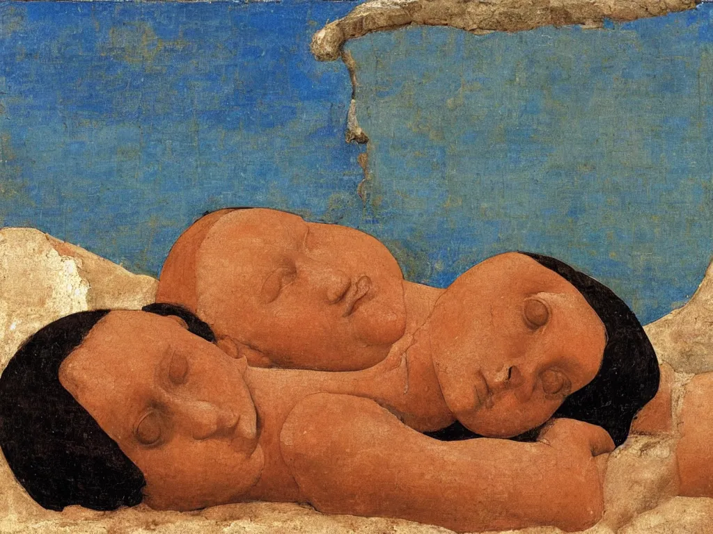 Image similar to greek sculpture head of a lamenting woman lying in the sand. lapis - lazuli, turquoise, malachite, cinnabar, earth brown. painting by piero della francesca, balthus, agnes pelton