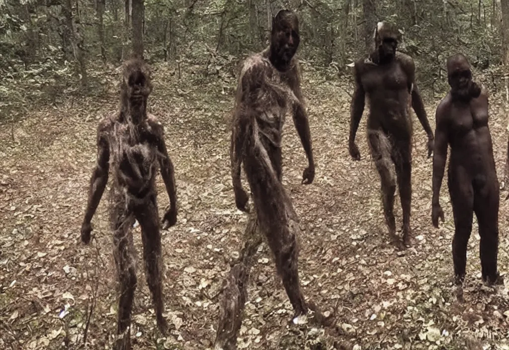 Image similar to trailcam footage of kanye west wendigo transformation, scary, spooky, full body shot