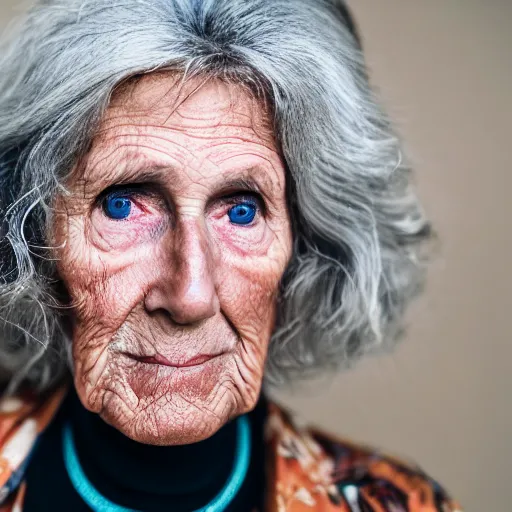 Image similar to old linda mccartney singer at age 9 0 years old, color ( sony a 7 r iv, symmetric balance, polarizing filter, photolab, lightroom, 4 k, dolby vision, photography award ), vogue, perfect face