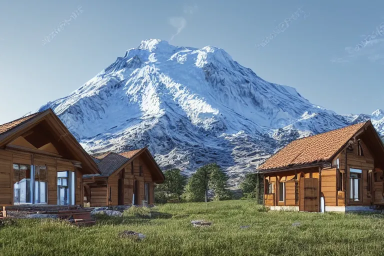 Image similar to modern fachwerk house cottage settlement with Elbrus mountain on the background, architecture, 3d render 8k , high details