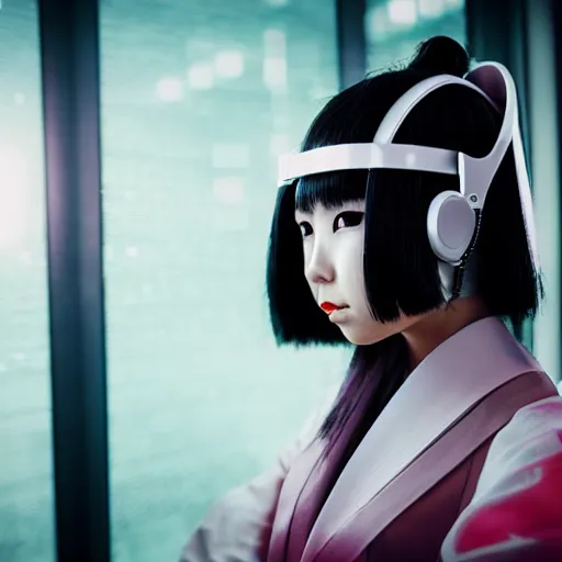 Prompt: photorealistic portrait of cute cyber punk geisha girl from Japan. she is wearing heavy complicated future headsets. award winning, taken by canon 5d mk4, art lens, perfect lighting, sci-fi, at 2200