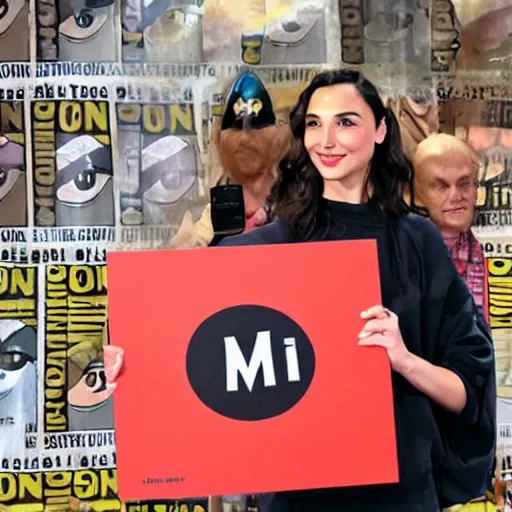 Image similar to Gal Gadot holding a sign that says M I T C H I E P O O !!!! as painted by Ralph Horsley