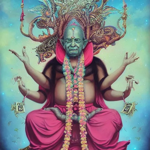 Image similar to wise old Indian guru, multiple arms, large ears, pink and gold , by Anato Finnstark, Tom Bagshaw, Brom