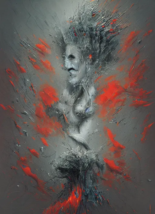 Image similar to a smooth grey cube being devoured by extremely detailed splatters of abstract paint, engulfed in flames in the style of james jean, pascal blanche, surreal, beksinski, high detailed