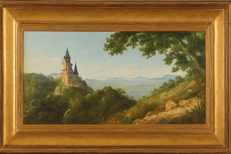 Prompt: a landscape painting of a german castle on the cliff