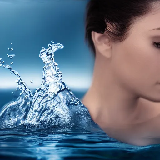 Image similar to water artwork manipulation in the shape of a human head, on the ocean water, ray tracing, realistic water sharp focus, long shot, 8 k resolution, cinematic, water art photoshop