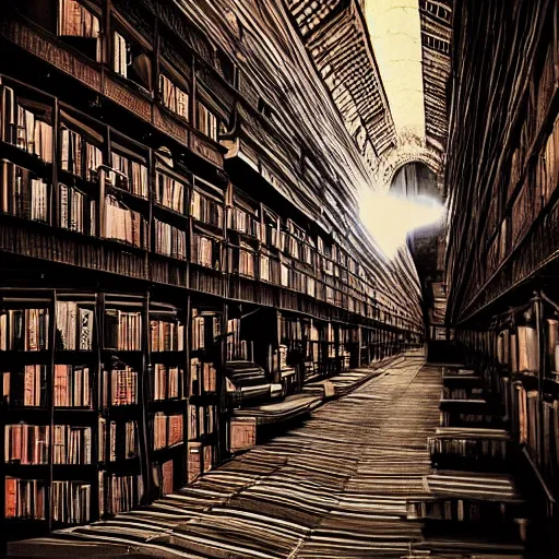 Image similar to “lost in a vast winding and overlapping labyrinth that is Powell’s City of Books. High arches platforms and catwalks are sunlit in this Creepy liminal photo. Hyperrealistic, benchmark resolution photo”