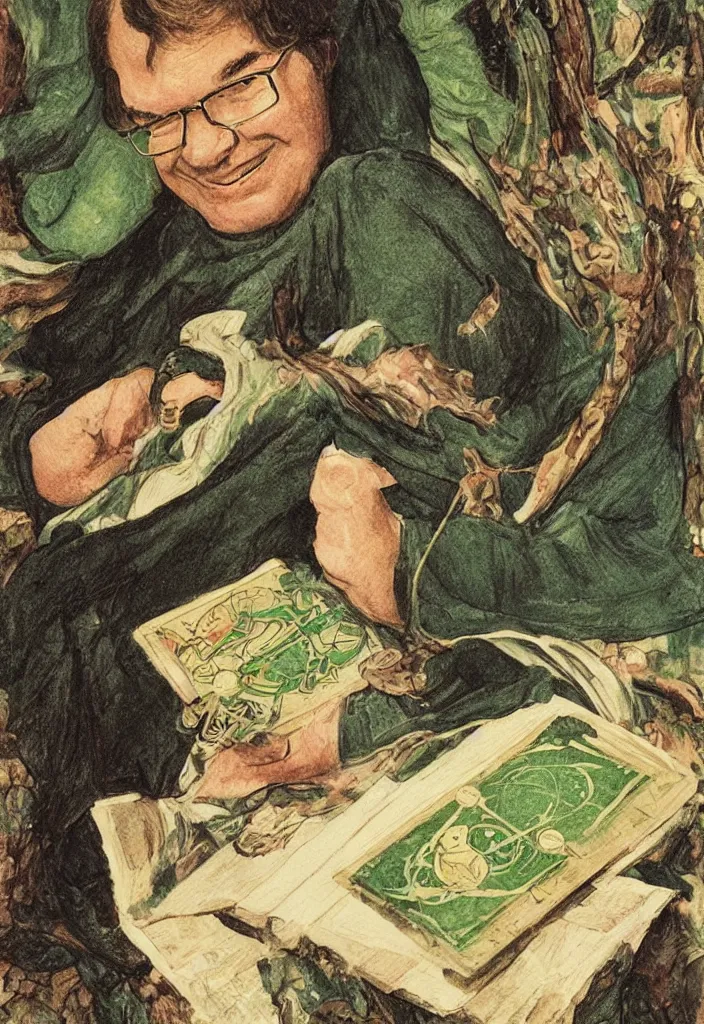 Image similar to Yann LeCun smiling on the Rider–Waite tarot. Illustration by preraphaelists.