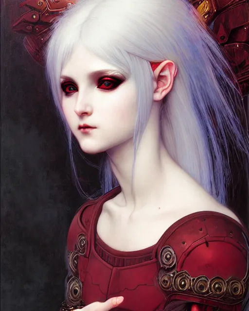 Prompt: portrait of beautiful cute young goth maiden girl with white hair in warhammer armor, red lighting, art by ( ( ( kuvshinov ilya ) ) ) and wayne barlowe and gustav klimt and artgerm and wlop and william - adolphe bouguereau