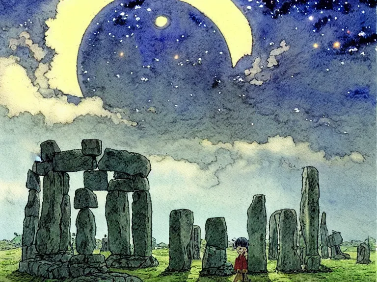 Image similar to a simple watercolor studio ghibli movie still fantasy concept art of a giant wizard playing in a tiny stonehenge. it is a misty starry night. by rebecca guay, michael kaluta, charles vess