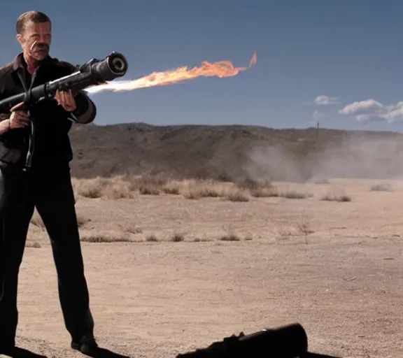 Prompt: flynn from breaking bad holding a flamethrower, movie still, photorealistic, clean composition