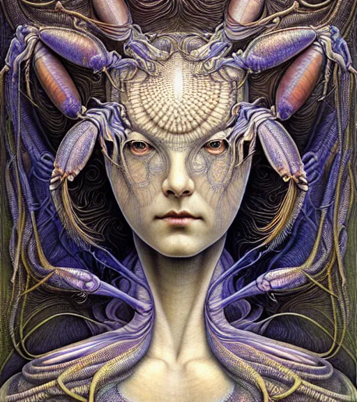 Image similar to detailed realistic beautiful mantis goddess face portrait by jean delville, gustave dore, iris van herpen and marco mazzoni, art forms of nature by ernst haeckel, art nouveau, symbolist, visionary, gothic, neo - gothic, pre - raphaelite, fractal lace, intricate alien botanicals, ai biodiversity, surreality, hyperdetailed ultrasharp octane render