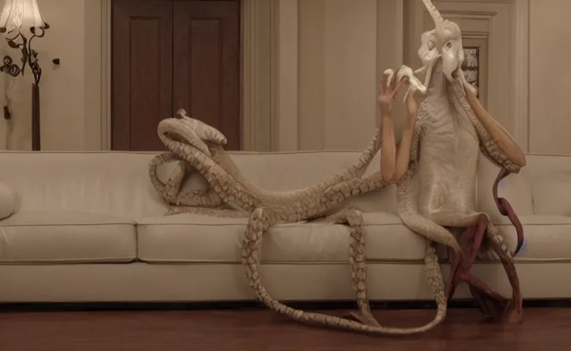 Image similar to an ocotopus waiting on the couch for the phychiatrist to come in, still from the movie her