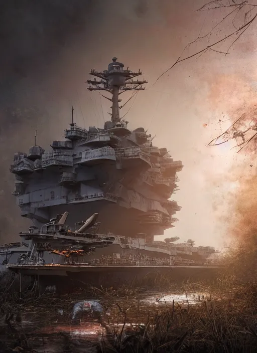 Prompt: aircraft carrier, USS Nimitz, rusty, overgrown with vegetation laying on the ground of a tropical forest, post appocalyptic, by Luis Royo, by Greg Rutkowski, dark, gritty, intricate, cover illustration, concept art, volumetric lighting, volumetric atmosphere, sharp focus, octane render, trending on artstation, 8k