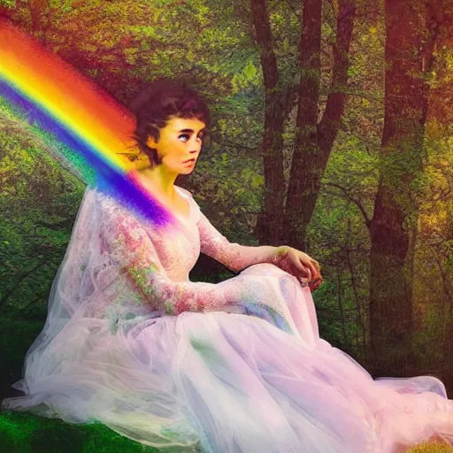 Prompt: a masterpiece portrait of a sad angel sitting in a colorful forest in a long rainbow wedding gown