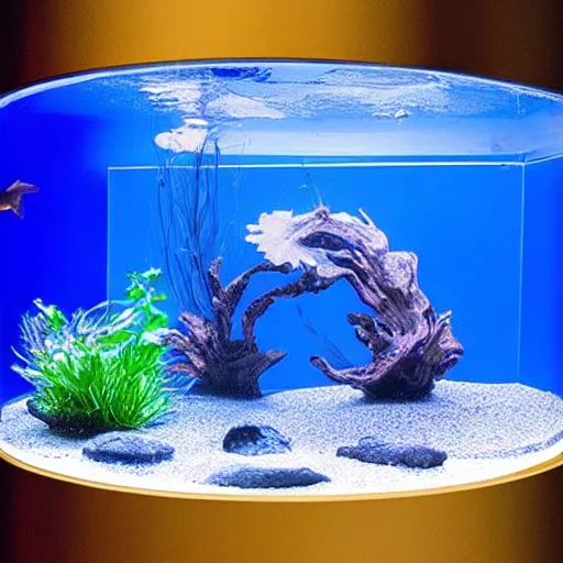 Prompt: there are two round aquariums on a blue table with a blue background. a gold fish is jumping from one aquarium to the other one