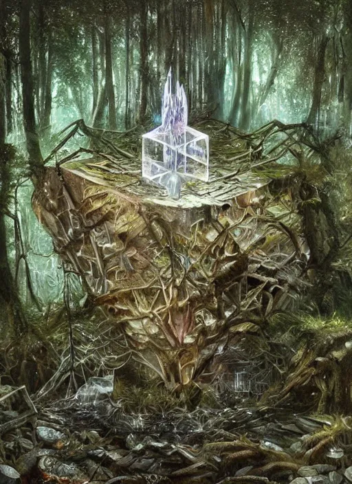 Image similar to a crystal cube in a forest, highly detailed, intricate, concept art, art station, cinematic light, realistic, ethereal light, art by H.R. Giger and sorayama