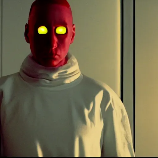 Prompt: movie still of eminem robot, cinematic composition, cinematic light, criterion collection, by edgar wright