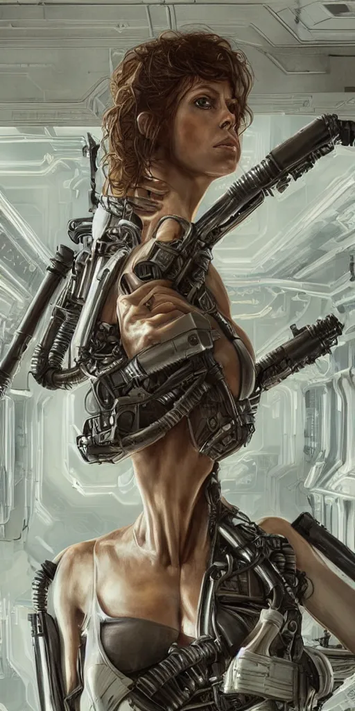 Image similar to portrait of Madison Ivy as Ellen Ripley in Alien, looking at camera, intricate, dystopian, sci-fi, extremely detailed, nostromo corridor, octane render, digital painting, concept art, smooth, sharp focus, illustration, incredible art by artgerm and greg rutkowski and alphonse mucha and simon stalenhag