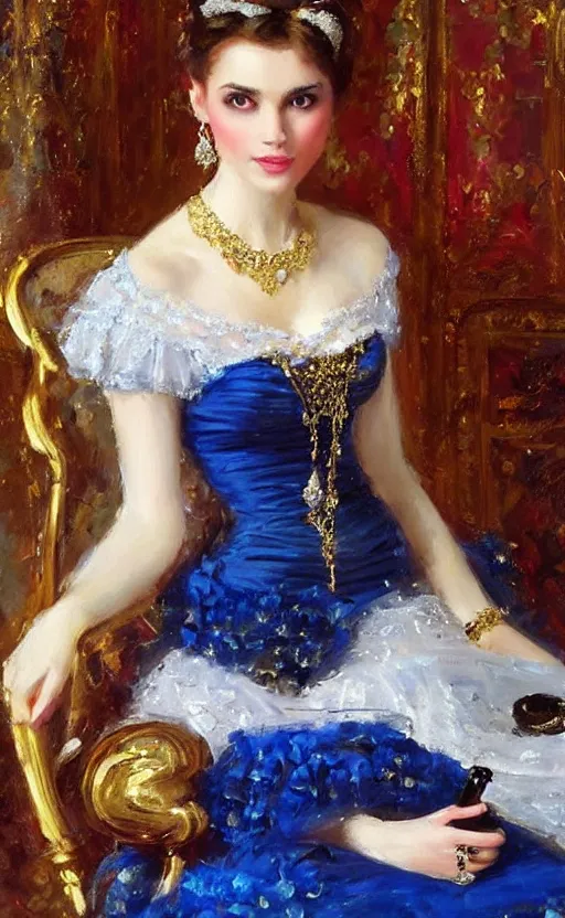 Image similar to Elegant laydy in blue victorian dress with gold ornaments. By Konstantin Razumov, highly detailded