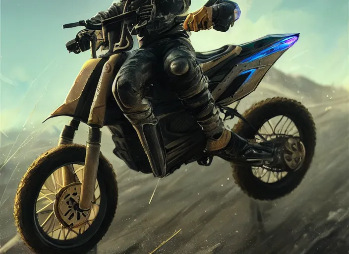 Image similar to beautiful blonde teenage boy wearing cyberpunk intricate streetwear riding dirt bike, beautiful, detailed portrait, cell shaded, 4 k, concept art, by wlop, ilya kuvshinov, artgerm, krenz cushart, greg rutkowski, pixiv. cinematic dramatic atmosphere, sharp focus, volumetric lighting, cinematic lighting, studio quality