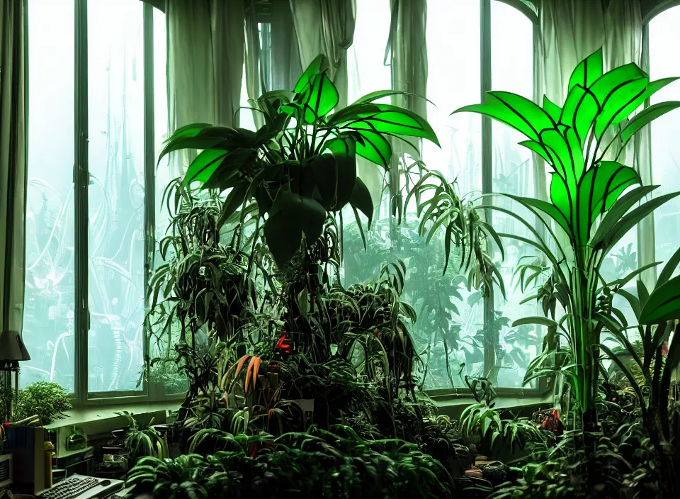 Image similar to telephoto 7 0 mm f / 2. 8 iso 2 0 0 photograph depicting a large alien jungle plant in a cosy cluttered french sci - fi ( art nouveau ) cyberpunk apartment in a pastel dreamstate art cinema style. ( computer screens, window ( city ), leds, lamp, ( ( ( aquarium bed ) ) ) ), ambient light.