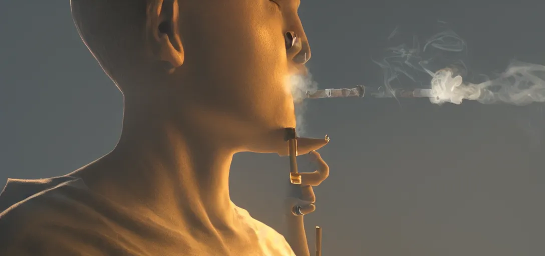 Prompt: a low angle shot of an android smoking a cigarette by chester don powell, volumetric lighting, shadows, 4k