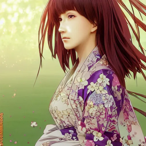 Image similar to side portrait of a girl walking, sakura tree in background, yukata clothing, battlefield in background, anime style, hair down, symmetrical facial features, from arknights, hyper realistic, 4 k, extreme detail, detailed drawing, trending artstation, realistic lighting, by alphonse mucha, greg rutkowski, sharp focus, backlit